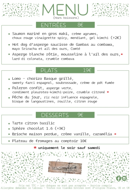 Le Menu du moment au Restaurant le Comptoir de Brice à Angoulême