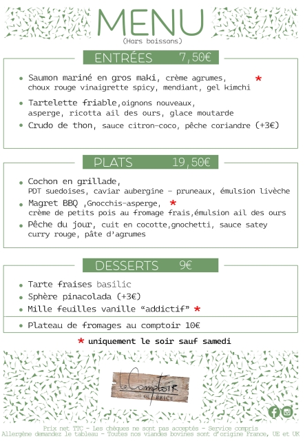 Le Menu du moment au Restaurant le Comptoir de Brice à Angoulême