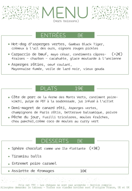 Le Menu du moment au Restaurant le Comptoir de Brice à Angoulême