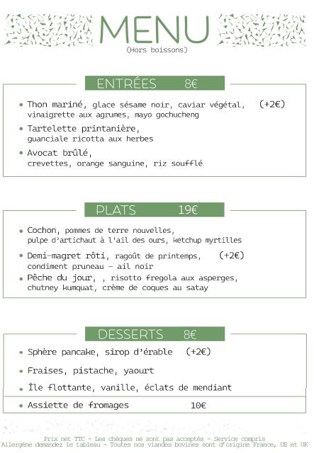 Le Menu du moment au Restaurant le Comptoir de Brice à Angoulême
